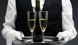 A butler in a black vest and white gloves serves two glasses of champagne on a silver tray, symbolizing refined service and the elevated responsibilities of hospitality staff during the holiday season.