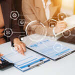 AI-enhanced personal assistant workflow with professionals managing schedules, data, and tasks using digital tools and automation