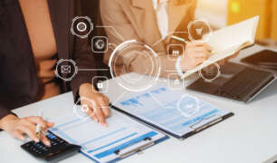 AI-enhanced personal assistant workflow with professionals managing schedules, data, and tasks using digital tools and automation