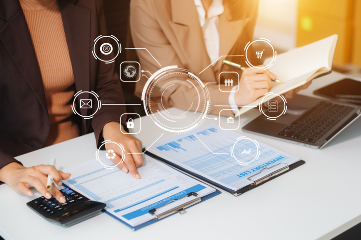 AI-enhanced personal assistant workflow with professionals managing schedules, data, and tasks using digital tools and automation