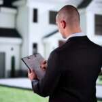 Estate manager reviewing property operations outside a luxury home residence