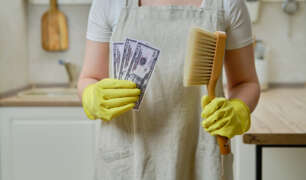 A woman holds money in dollars while cleaning a home kitchen, close-up
